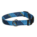 Blue and navy plaid dog collar with metal D-ring and black buckle