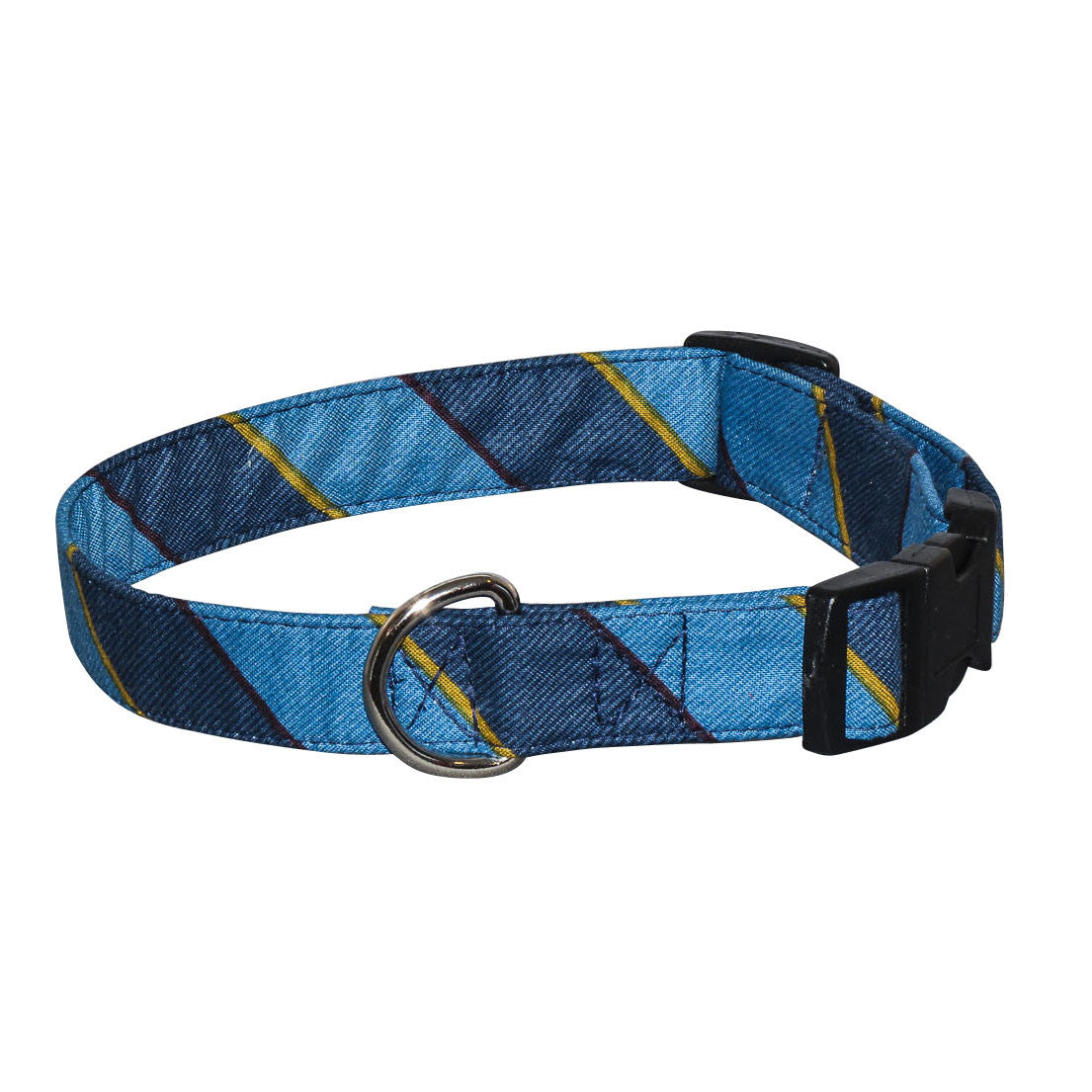 Blue and navy plaid dog collar with metal D-ring and black buckle