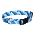 Blue chevron dog collar with black buckle and D-ring