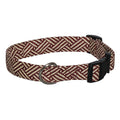 Woven dog collar with chevron pattern, dark brown and burgundy, black buckle and D-ring