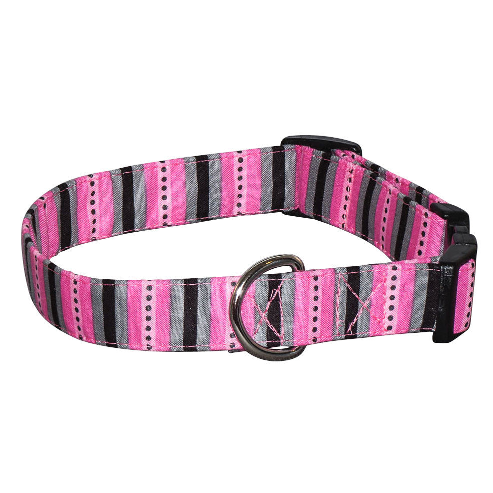 Pink and gray striped fabric dog collar with metal D-ring and black buckle.