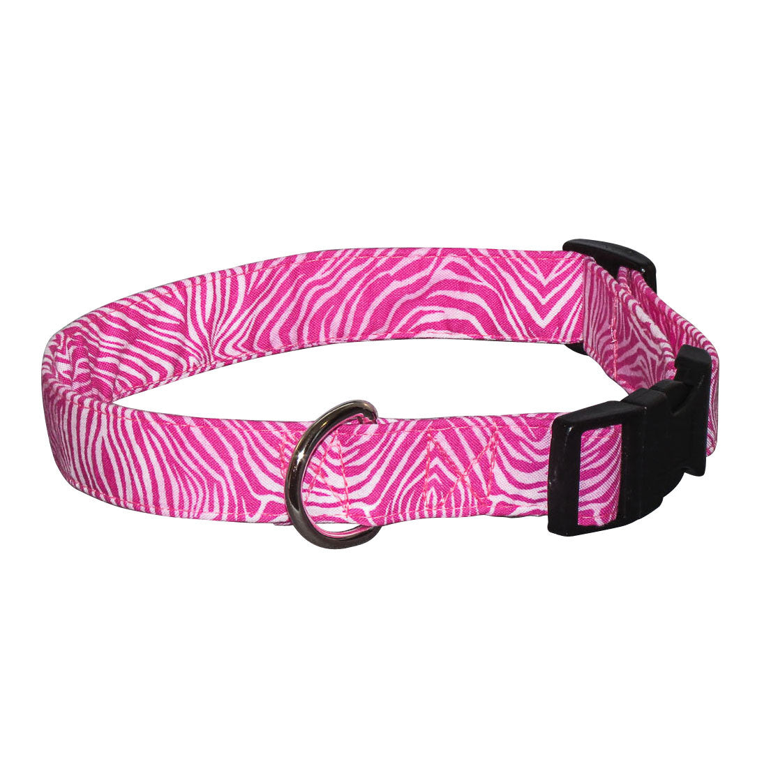 Pink zebra-print dog collar with black buckle and metal D-ring