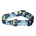 Elmo's Closet ikat dog collar with blue-green pattern, black buckle and D-ring.