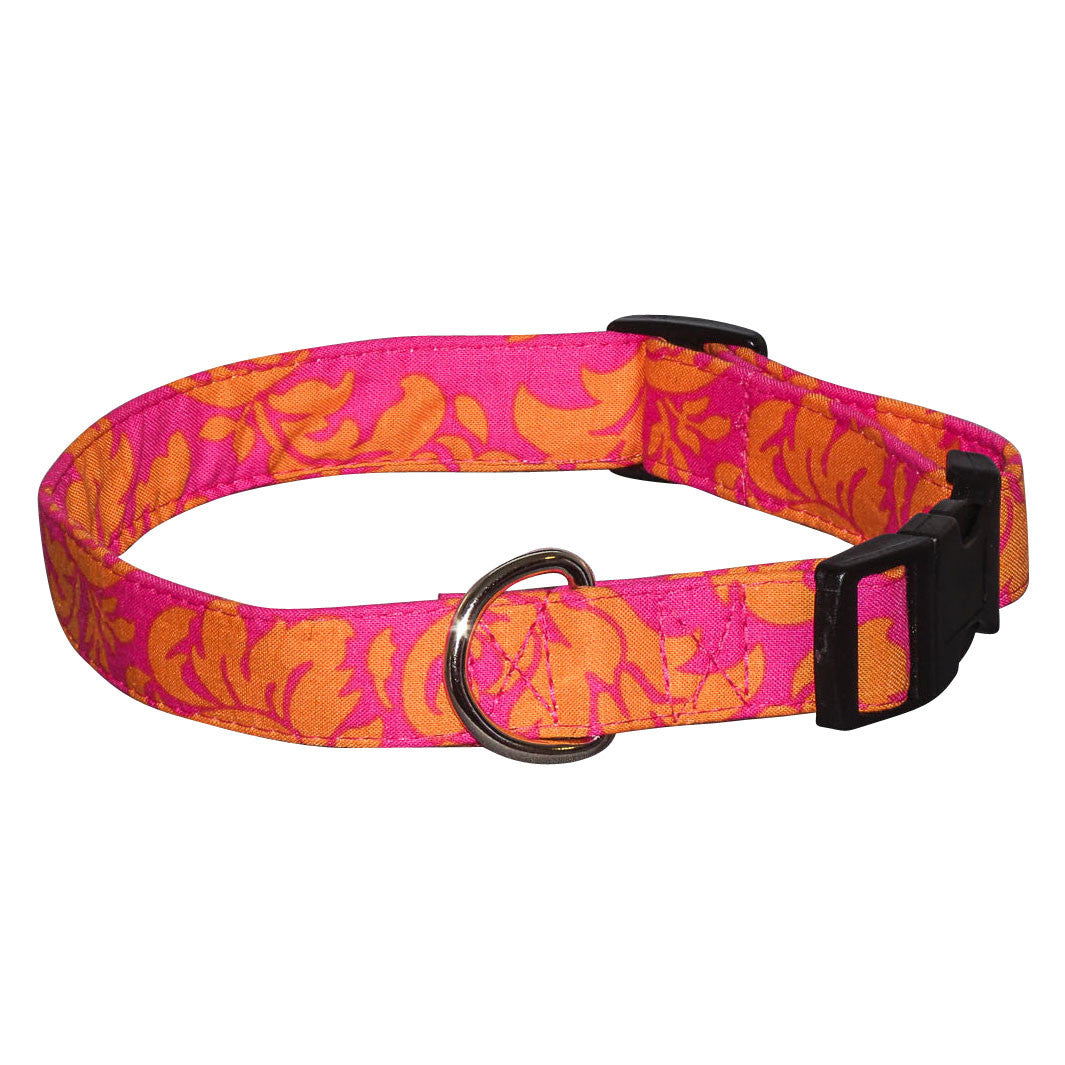 Fuchsia damask dog collar with orange scroll pattern, black buckle and D-ring