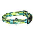 Leaf-pattern dog collar with blue-green stripes and black buckle and D-ring