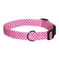 Pink lattice dog collar with metal D-ring and black buckle