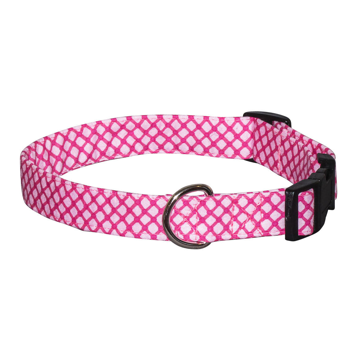 Pink lattice dog collar with metal D-ring and black buckle