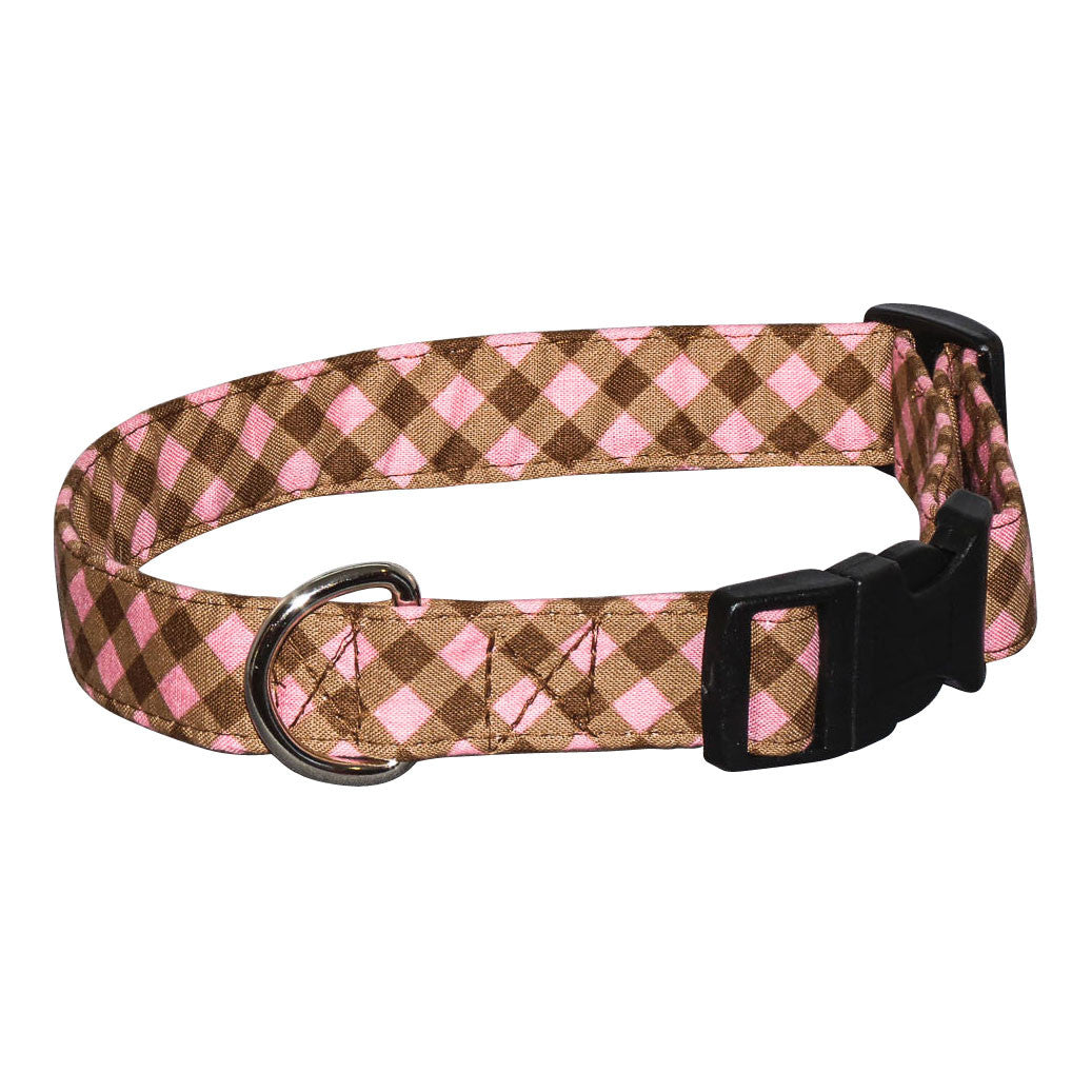 Pink and brown diamond dog leash with black buckle and metal D-ring