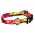 Colorful tie-dye dog collar with black buckle and metal D-ring, red green yellow