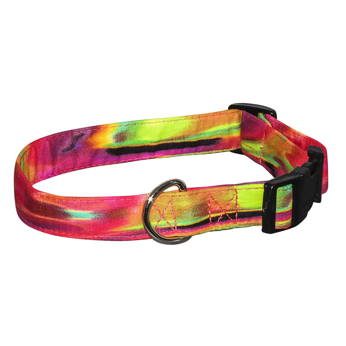 Colorful tie-dye dog collar with black buckle and metal D-ring, red green yellow