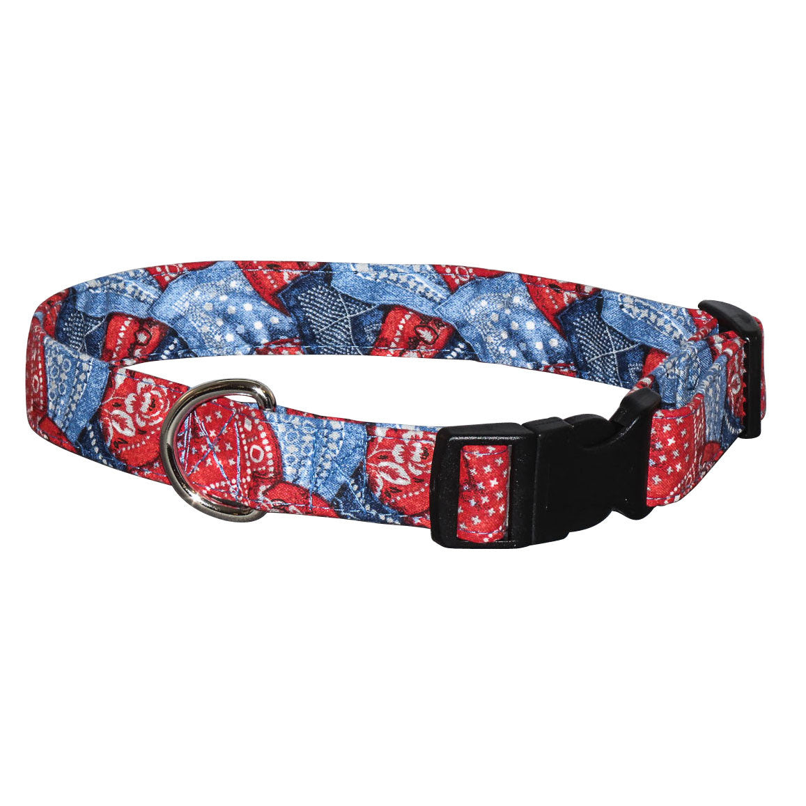 Western-style dog collar with red, white, and blue print, black buckle, and metal D-ring