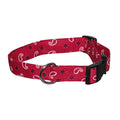 Red mini bandana dog collar with paisley and dot pattern, metal buckle and black leash ring