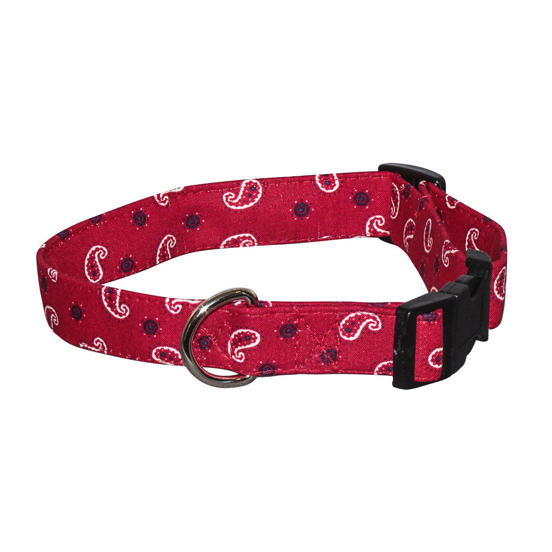 Red mini bandana dog collar with paisley and dot pattern, metal buckle and black leash ring