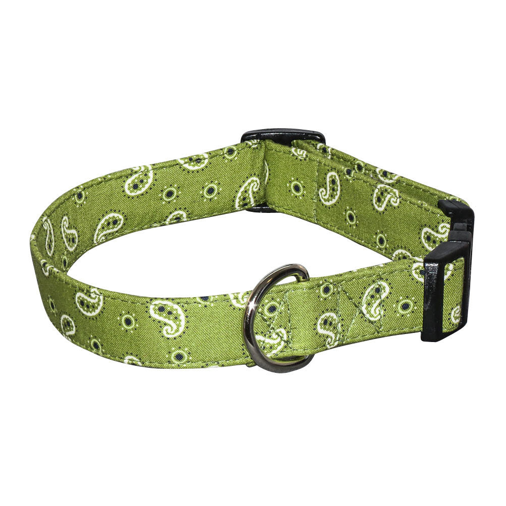 Green mini dog collar with paisley bandana pattern and metal D-ring buckle