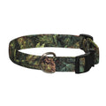 Green pine forest patterned dog collar with black buckle and metal D-ring
