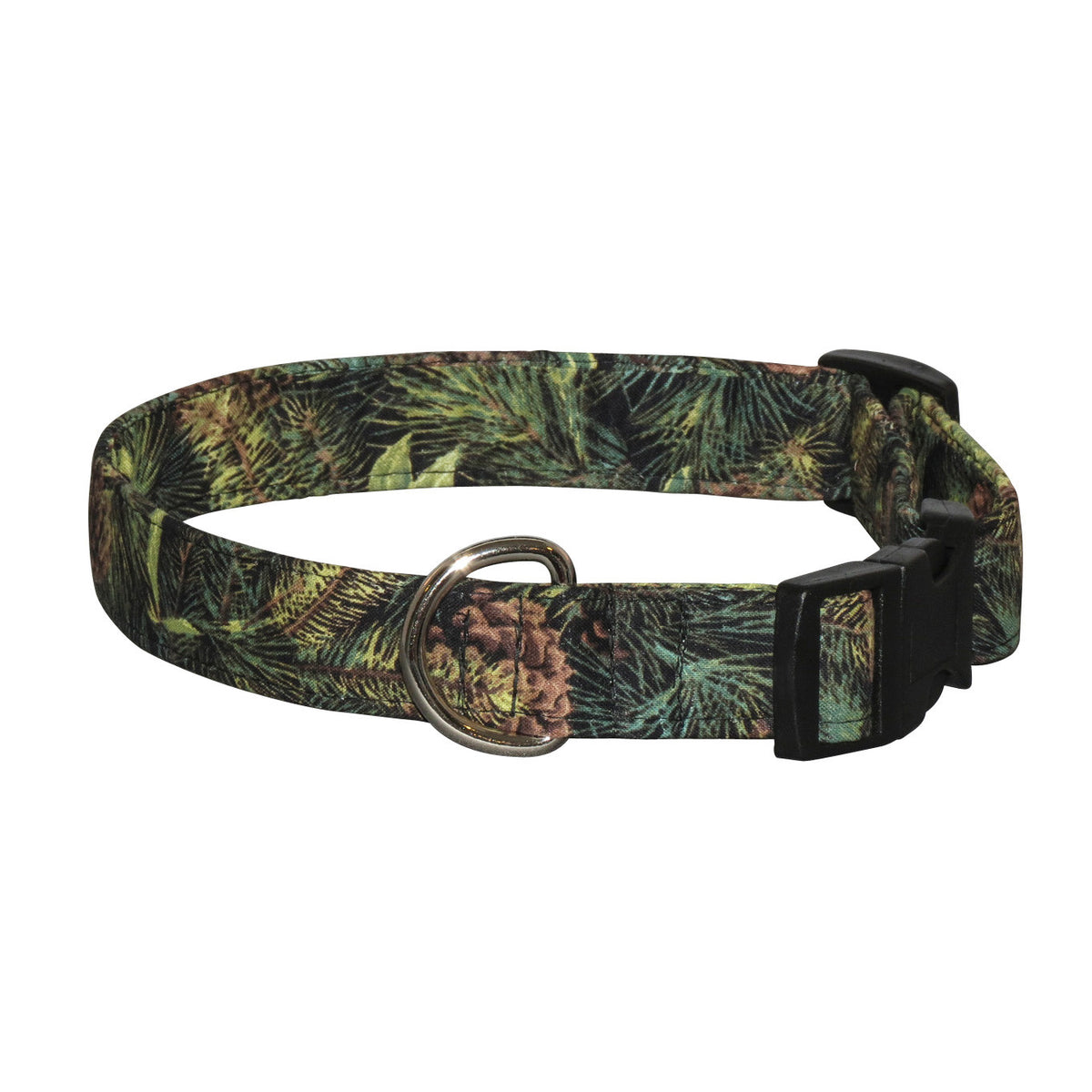 Green pine forest patterned dog collar with black buckle and metal D-ring
