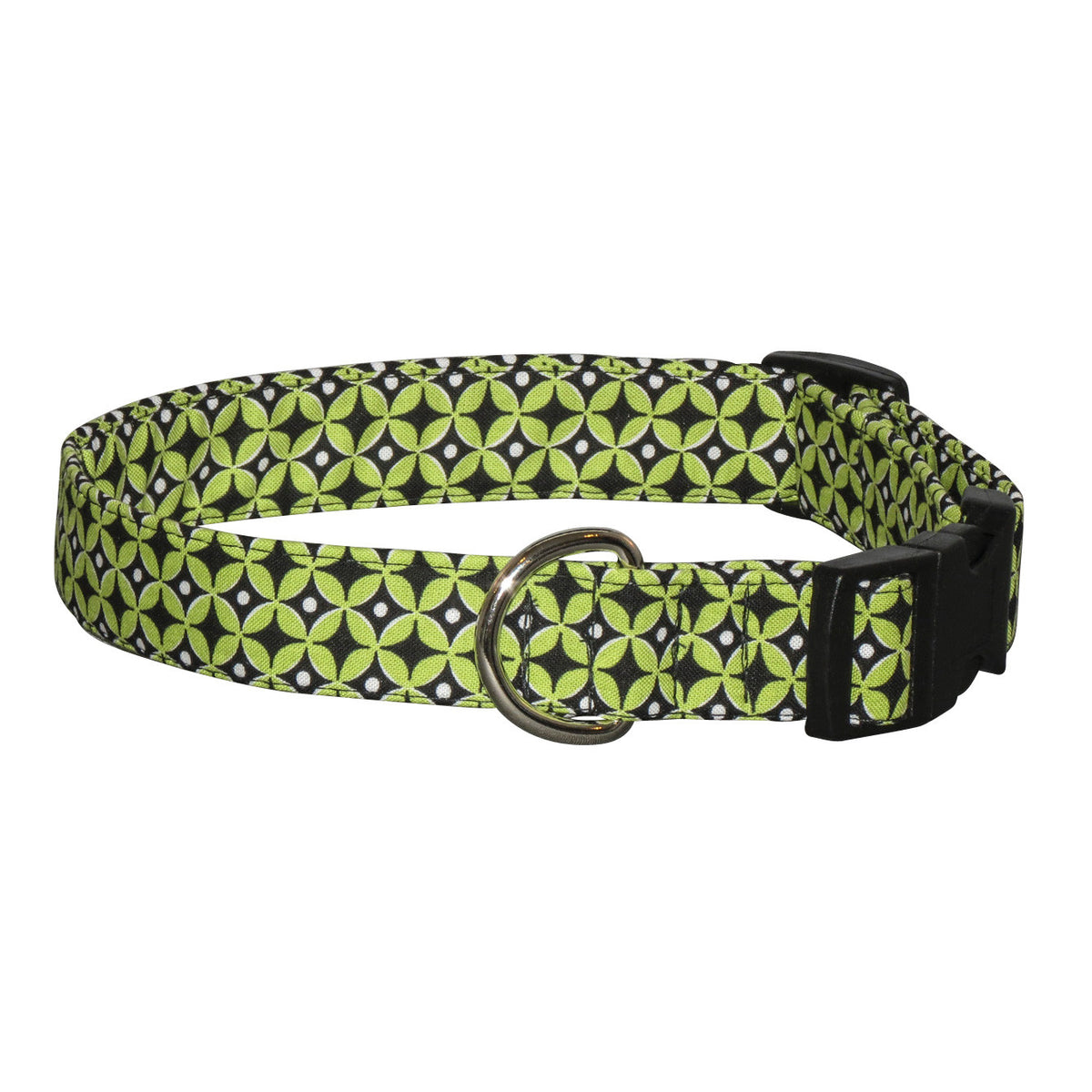 Green citrus geometric dog collar with black plastic buckle and D-ring