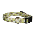 Green and gray camo dog collar with black buckle and metal D-ring