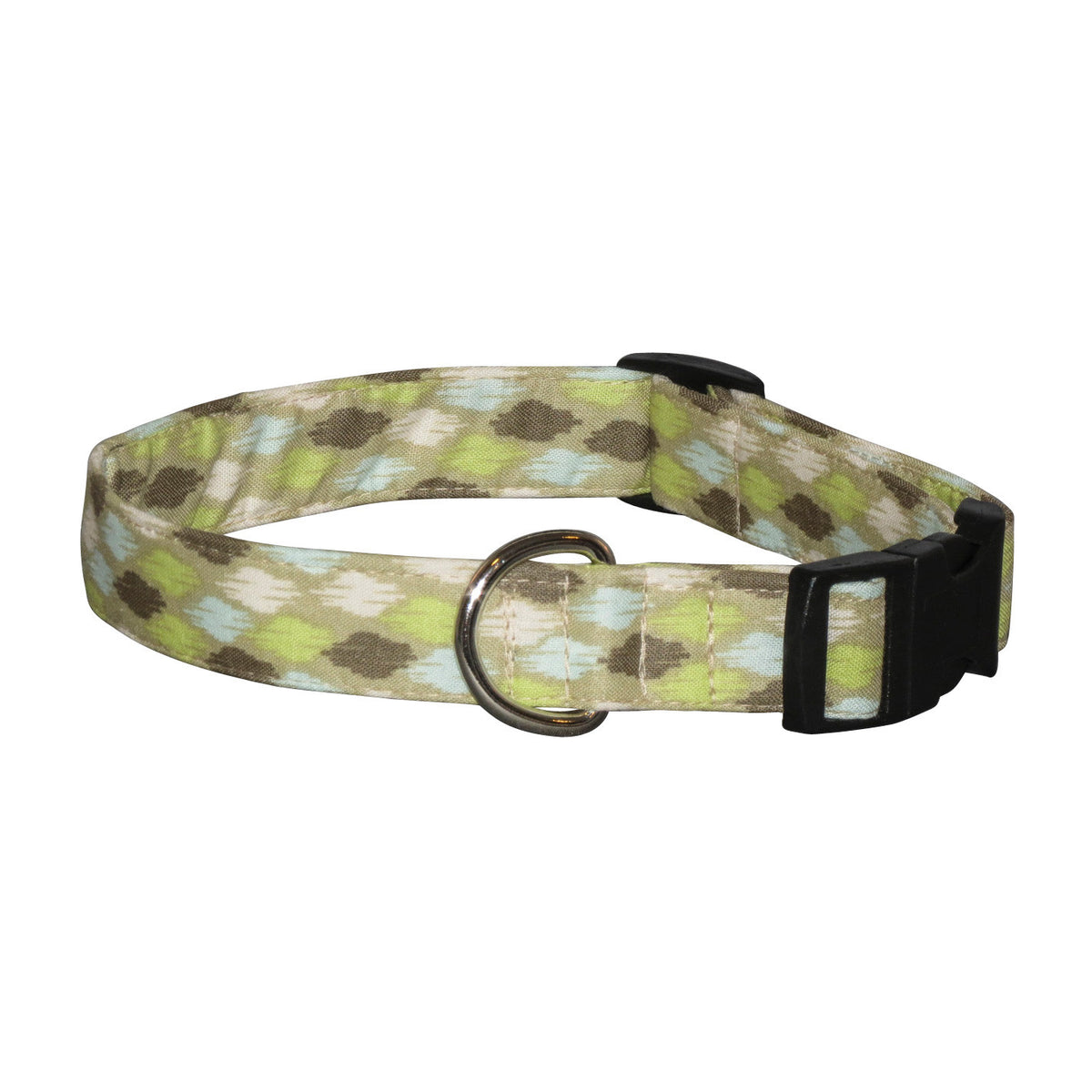 Green and gray camo dog collar with black buckle and metal D-ring