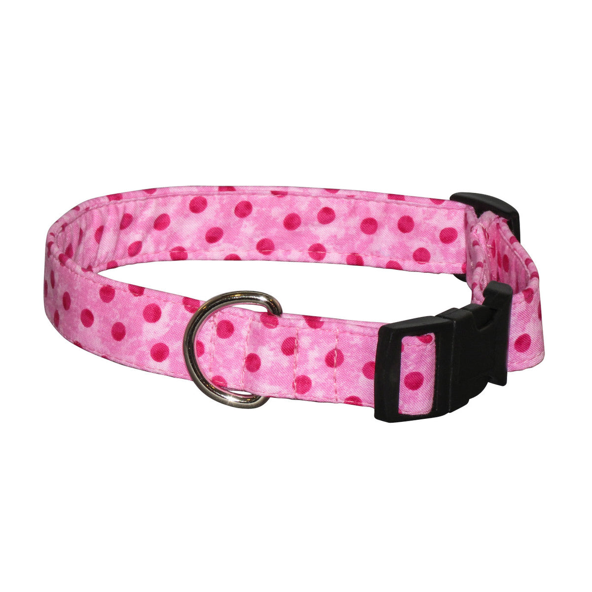 Spotted pink dog collar with dark pink polka dots, black buckle and metal ring