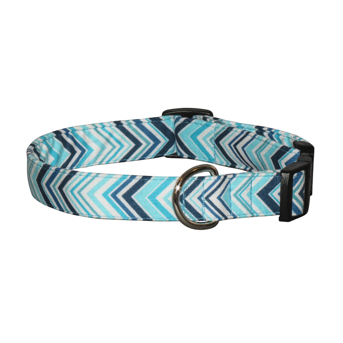 Blue wave-pattern dog collar with metal D-ring and black buckle