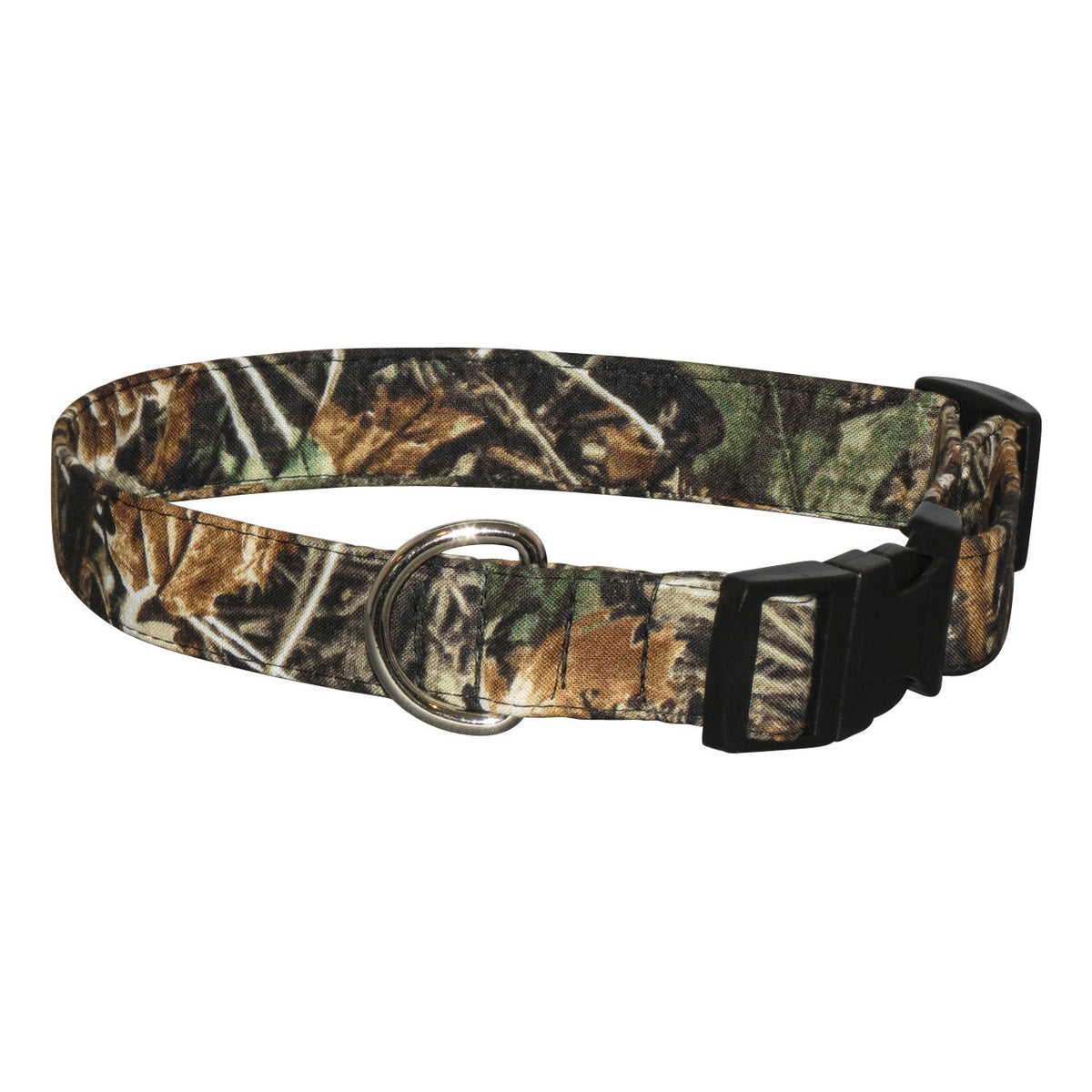 Camo dog collar with metal D-ring and black plastic buckle