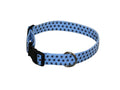 Elmo's Closet blue prism dog collar with black buckle, light blue woven pattern