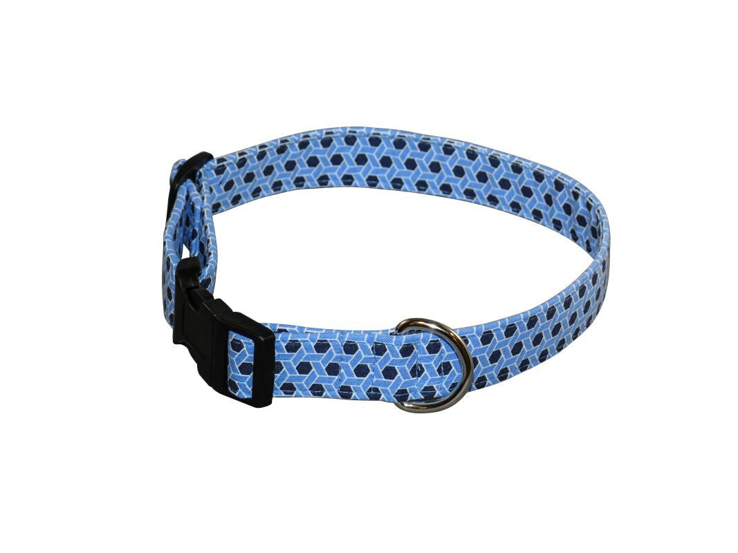 Elmo's Closet blue prism dog collar with black buckle, light blue woven pattern