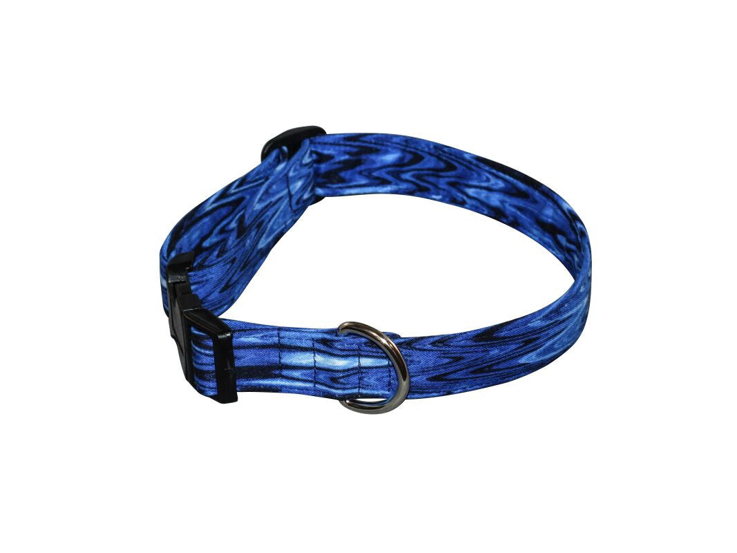 Blue patterned dog collar with metal buckle and D-ring