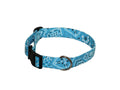 Blue patterned dog collar with metal D-ring and buckle clasp
