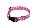 Pink bubble-dot dog collar with black buckle and metal D-ring