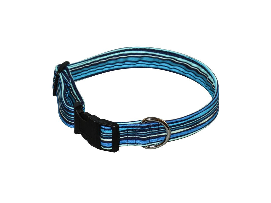 Blue striped dog collar with black buckle and metal D-ring