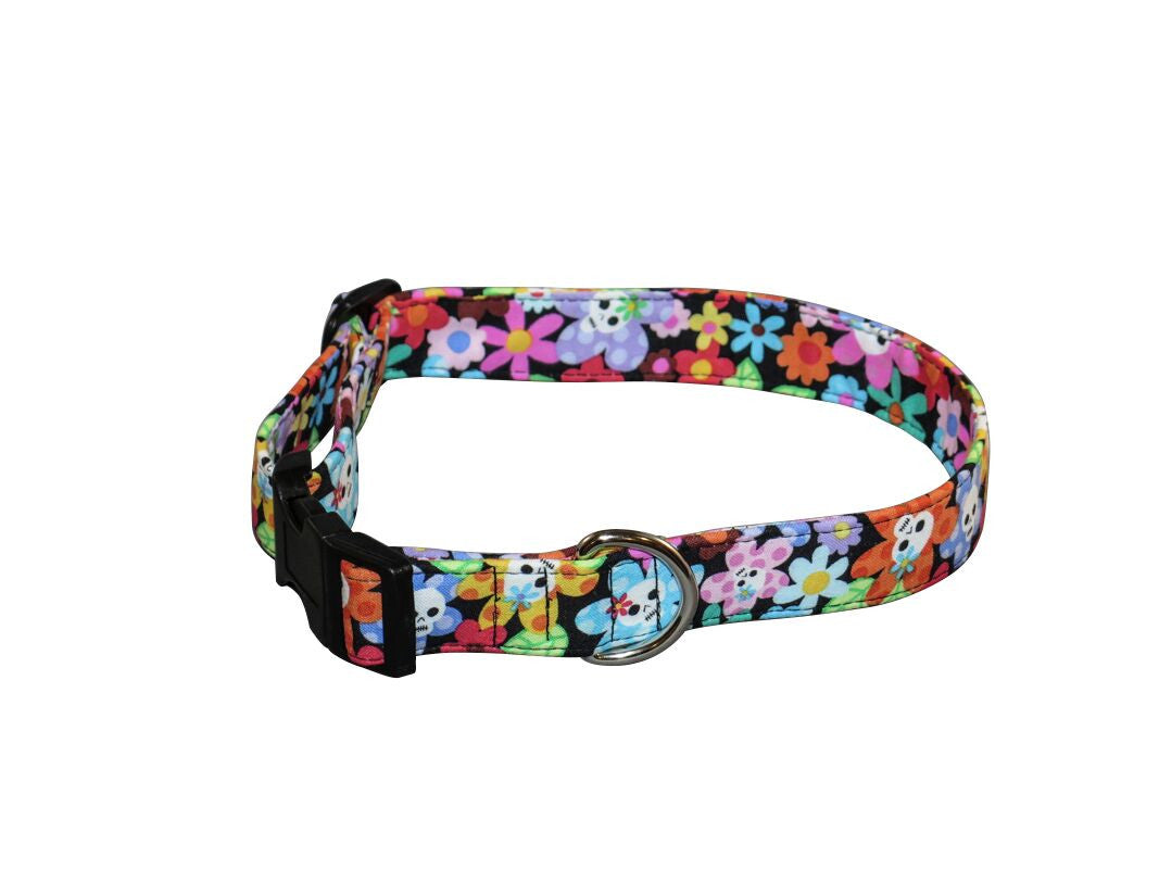 Multicolor floral dog collar with metal buckle