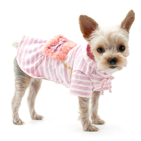 Pink-and-white striped dog dress with fuzzy heart panel and gold chain strap