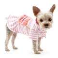 Pink-and-white striped dog dress with fuzzy heart panel and gold chain strap