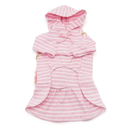 Pink-and-white striped dog dress with hooded top and ruffle skirt