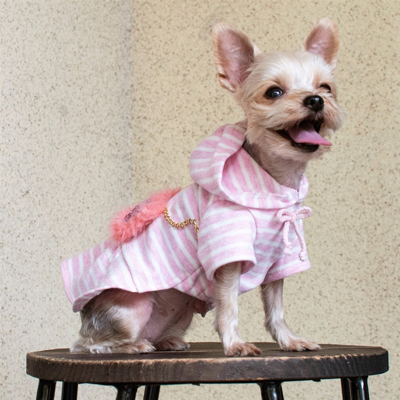 Pink striped dog dress with fuzzy pocket, hood, and gold chain trim