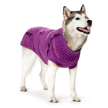Purple knit dog sweater with ribbed turtleneck and front button closure on dog