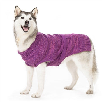 Purple knit dog sweater on dog, ribbed neckline and side button placket