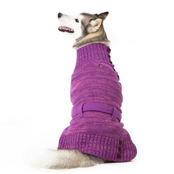 Purple knit wrap-style dog sweater with ribbed collar and buttoned front, side view