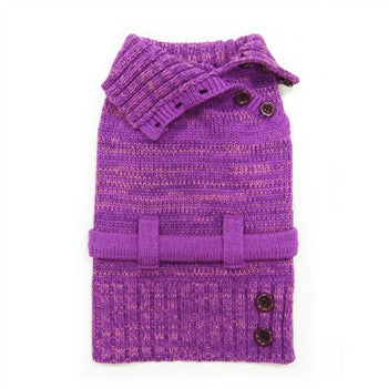 Purple knit dog sweater with ribbed collar, buttoned front, and strap detail