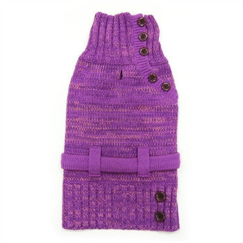 Purple knit dog sweater with ribbed collar, woven strap band, and dark button accents