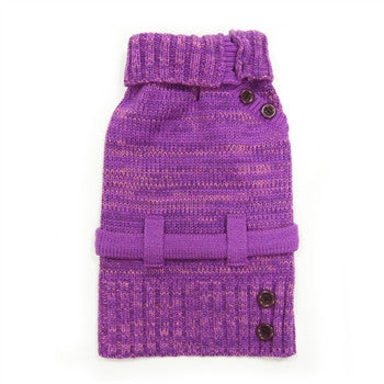 Purple knit dog sweater folded view, ribbed collar with strap bands and buttons
