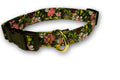 Nature's Garden dog collar, black with colorful floral print, buckle and metal D-ring