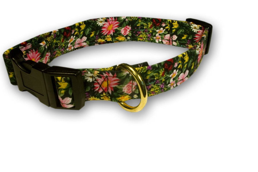 Nature's Garden dog collar, black with colorful floral print, buckle and metal D-ring