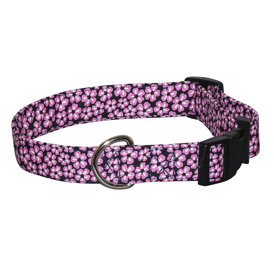 Purple floral dog collar with black buckle and D-ring