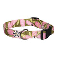 Pink and green floral dog collar with metal D-ring and black buckle