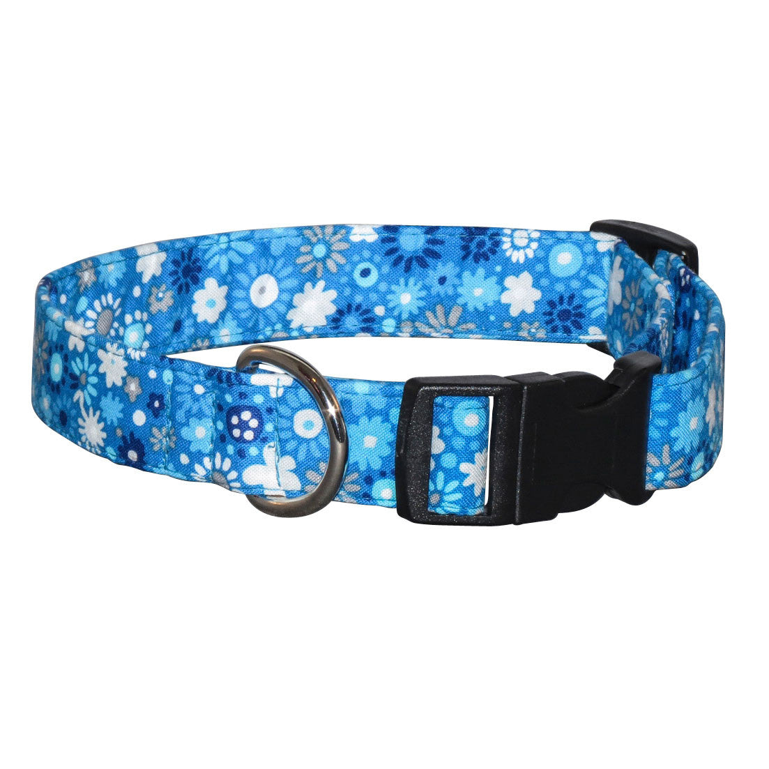 Blue floral dog collar with black buckle and D-ring