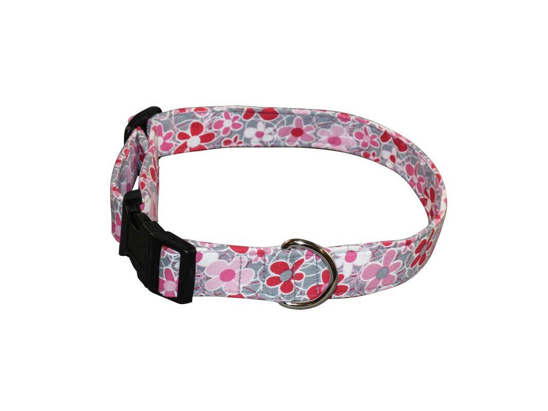 Happy daisies fabric dog collar with pink flower pattern and black buckle