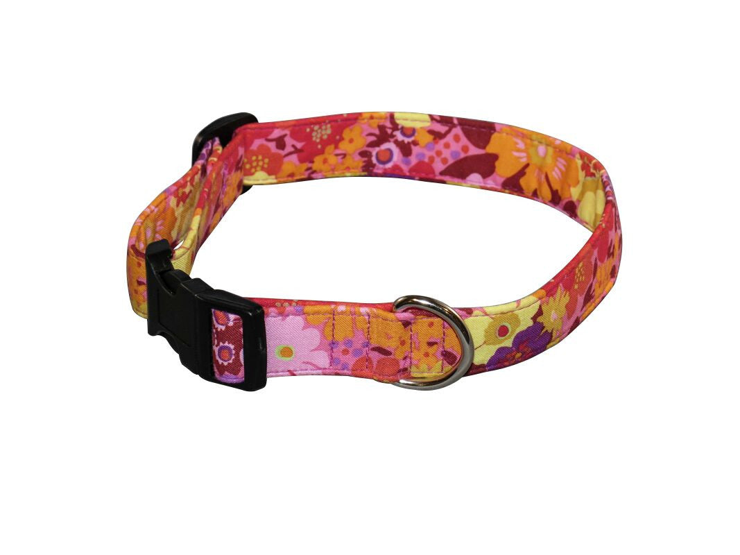 Floral dog collar with pink, purple, and orange pattern, black buckle and D-ring